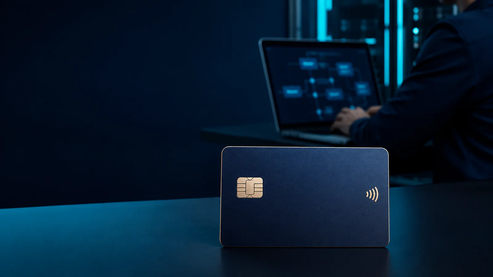 A clearly recognizable payment card with chip and contactless symbol in a technical prepaid program workspace
